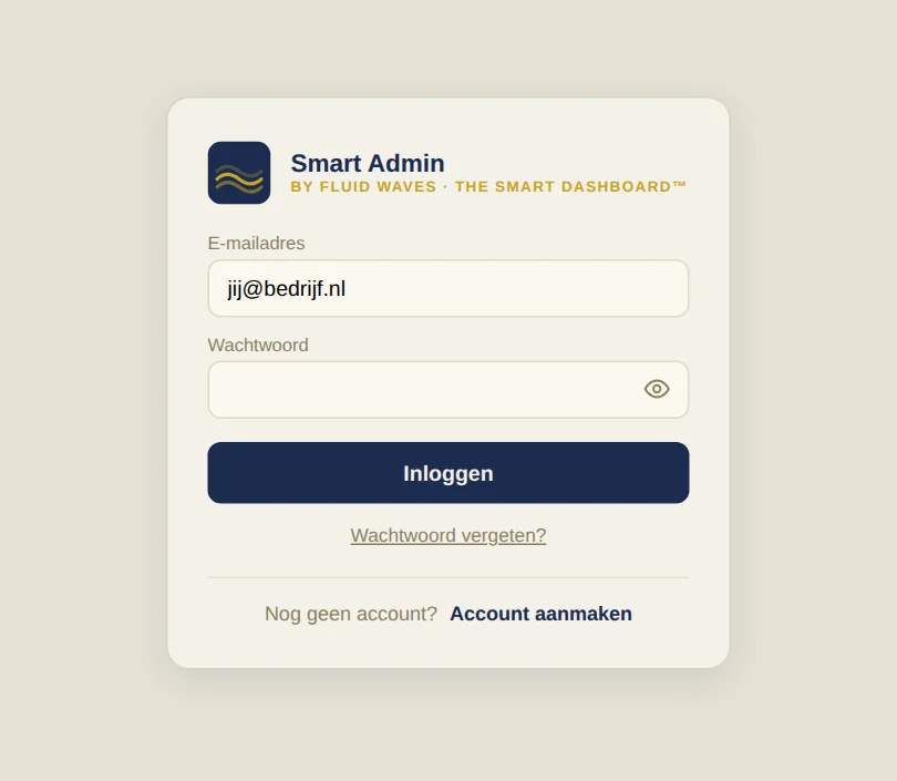Het inlogscherm van Smart Admin met onderaan de knop Account aanmaken
