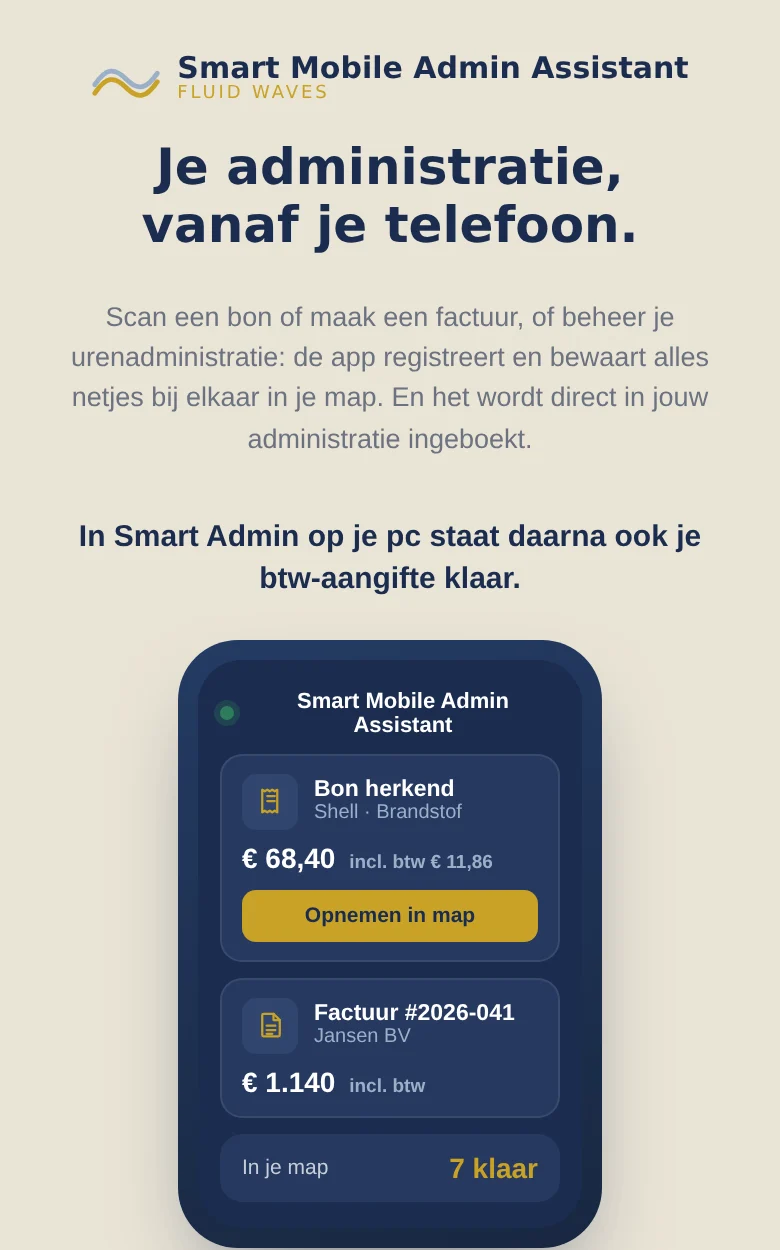 Het startscherm van Smart Mobile Admin Assistant op een telefoon