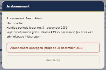 Het venster Je abonnement in Smart Admin