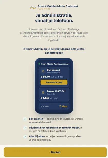 Het welkomstscherm: tik op Starten, daarna zie je onderin de vijf tabbladen