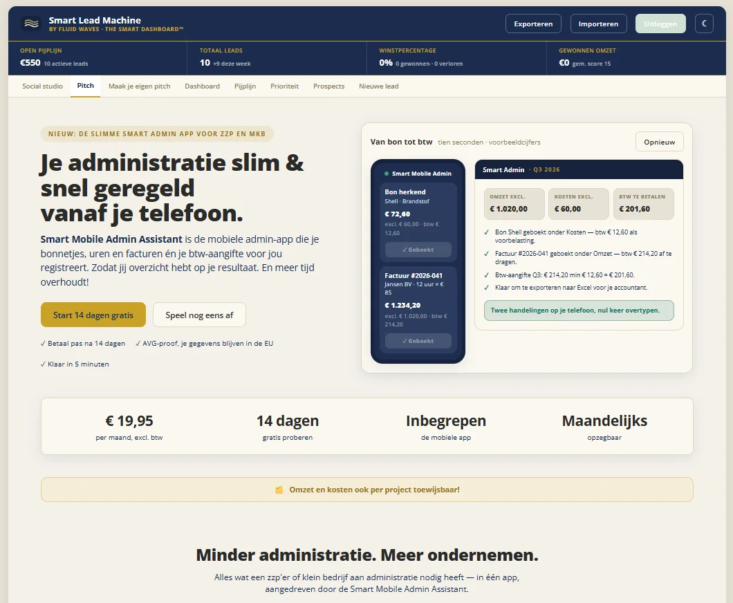 Het Pitch-scherm van The Lead Machine met een complete pitchpagina voor Smart Admin